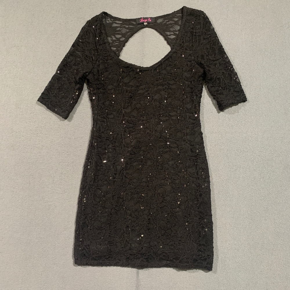 Reign On LBD Black Lace Sequin Open Back Bodycon Mini Dress Womens Large 45794JC